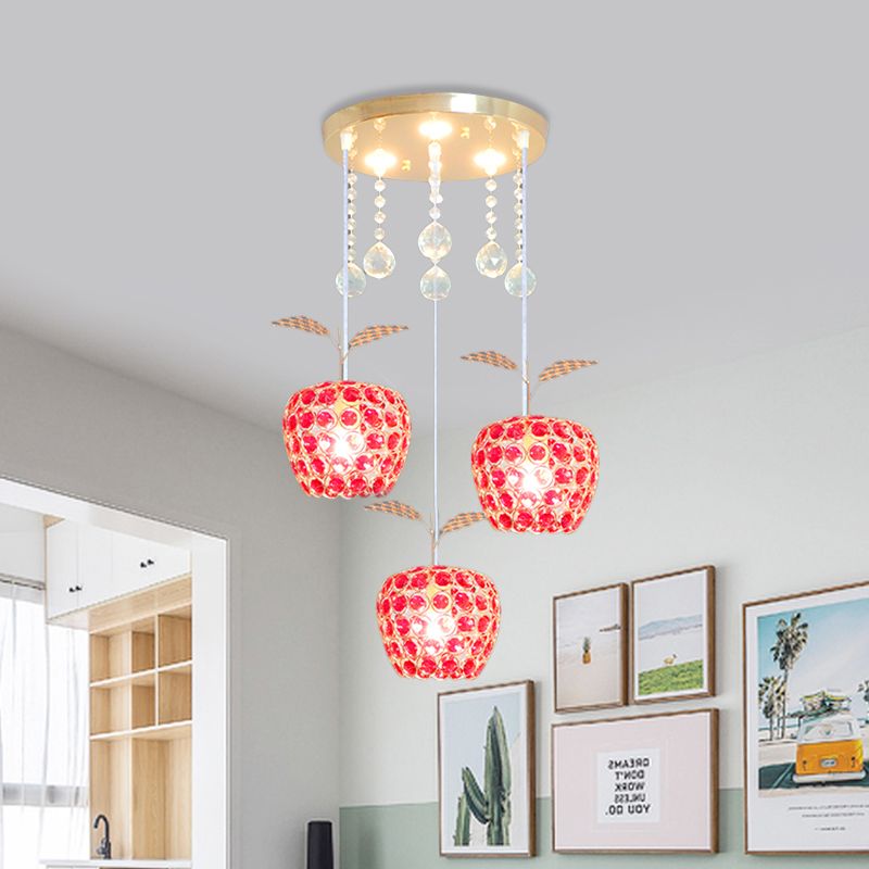 Lámpara de suspensión de oro de 3 luces de cristal rojo en forma de manzana en forma de manzana