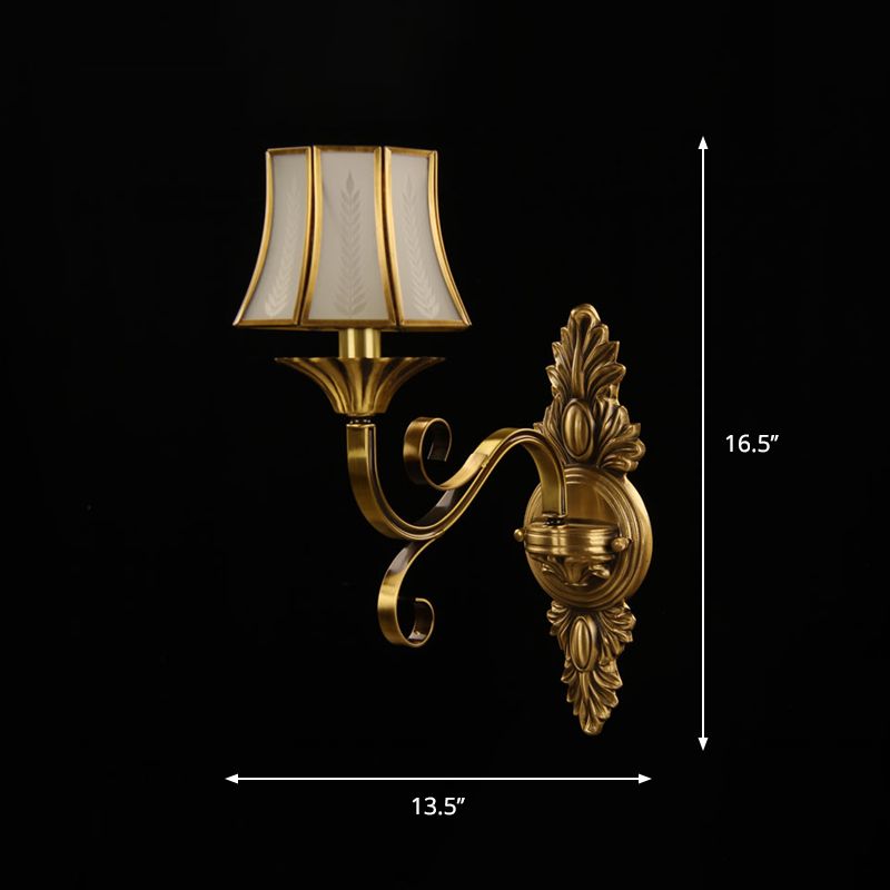 1-Light Flared Wall Lamp Fixture Traditional Brass Frosted Glass Wall Mounted Light for Bedroom