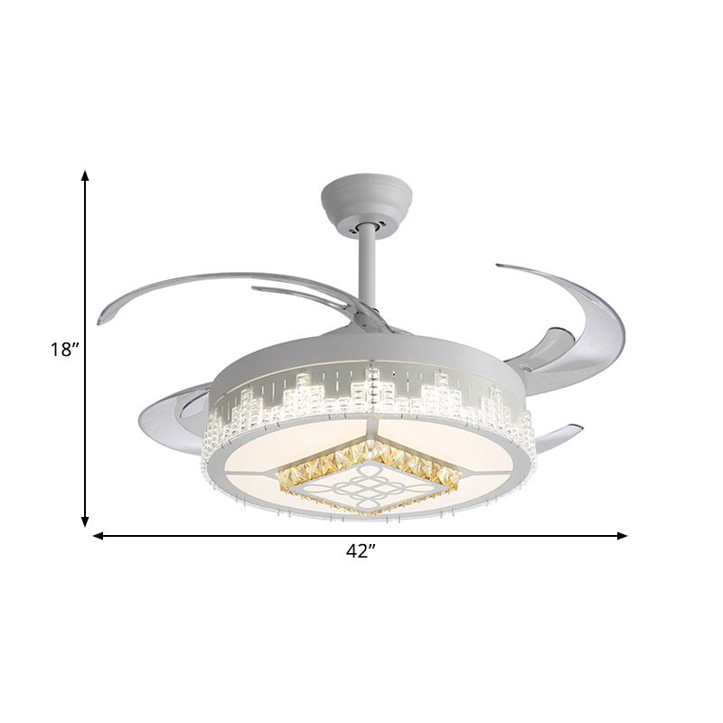 Kristalblokken witte semi -mount licht ronde moderne 4 bladen led plafondventilator lamp met bloem/sneeuwvlok/Chinees knooppatroon, 19 "breed