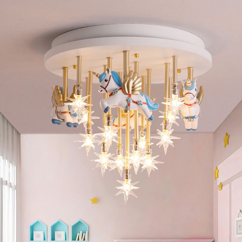 Lámpara de techo con forma de estrella, cristal transparente de dibujos animados, 13 cabezales, lámpara semiempotrada para jardín de infantes con unicornio de resina