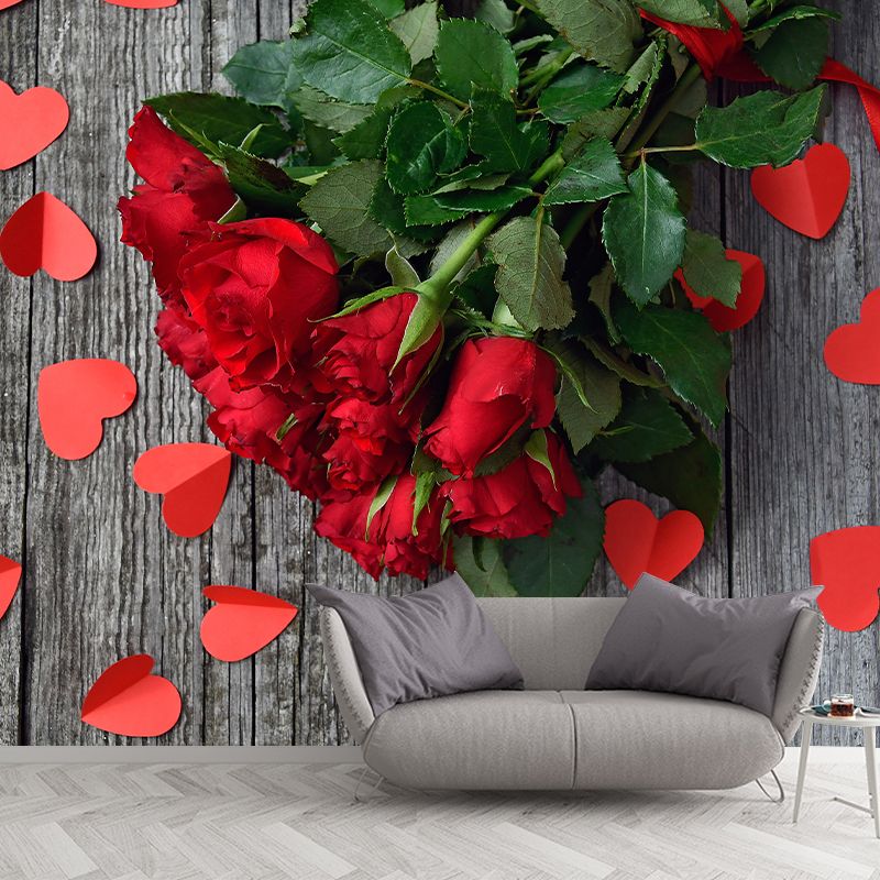 Customized Rose Bouquet Wall Mural Horizontal Photography for Sleeping Room Decoration