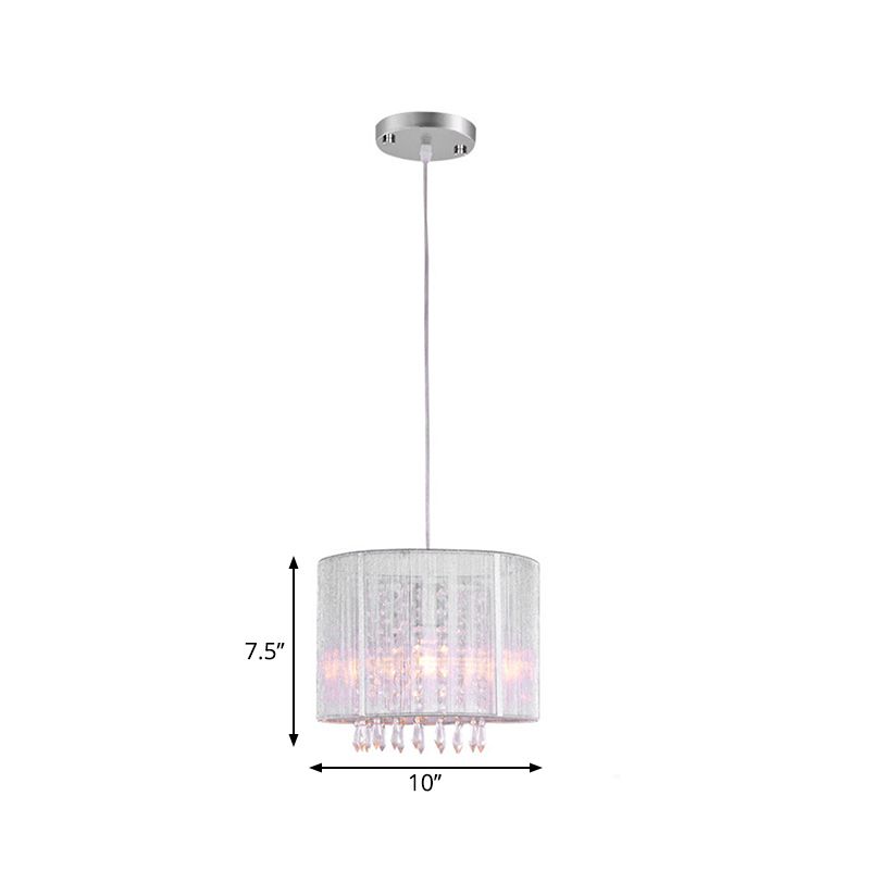 Lámpara colgante de tambor de tela blanca con prisma cristalino transparente 1 lámpara de luz de luz 1 en plata