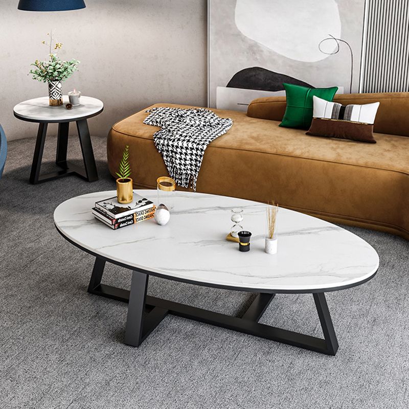 White Oval Stone Top Coffee Table with Iron Cross Base Cocktail Table