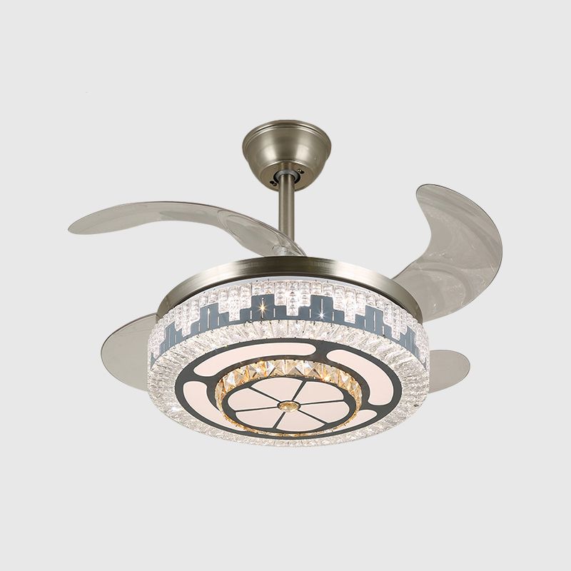 LED Circulaire semi-vlakke moderne roestvrijstalen heldere kristalblokken 4 messen hanger ventilator licht, 19 "breed