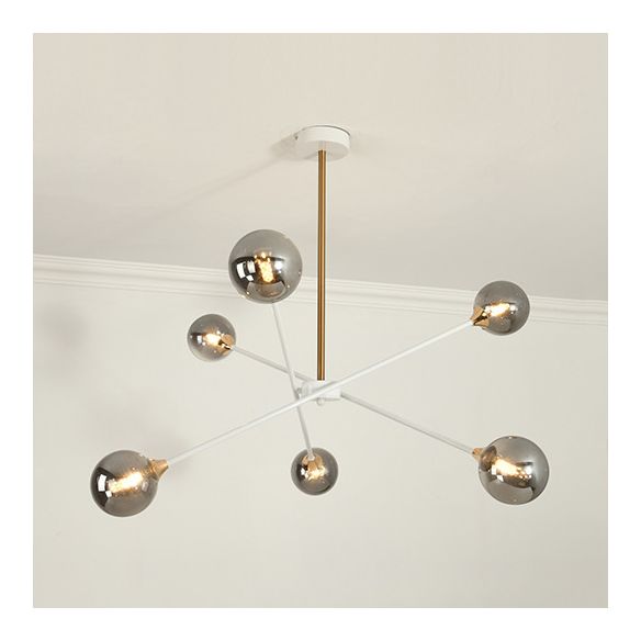 Contemporary White Arm Chandelier Line Metallic Amber//Clear/Silver/Smoke Grey/White Suspension Light with Spherical Shade for Study Room