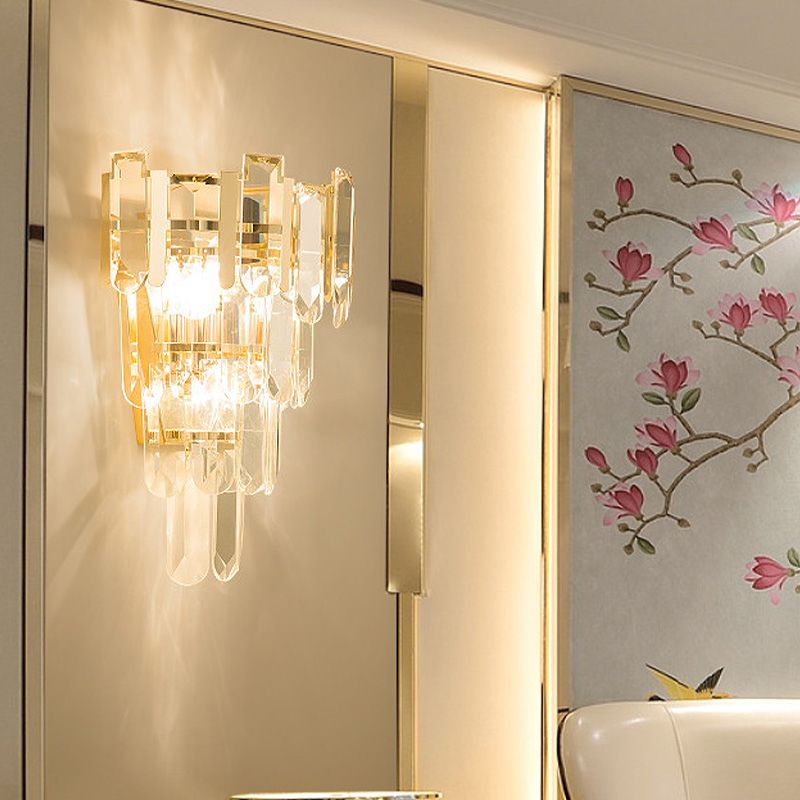 Gold 4 Layers Wall Mounted Light Modern 3 Heads Crystal Block Sconce Light Fixture