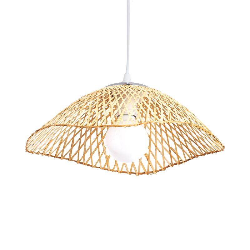 Hand-Knitted Bamboo Pendant Light with Dome Shade Asian Style 1 Head Beige Hanging Lamp for Living Room, 14"/18" W