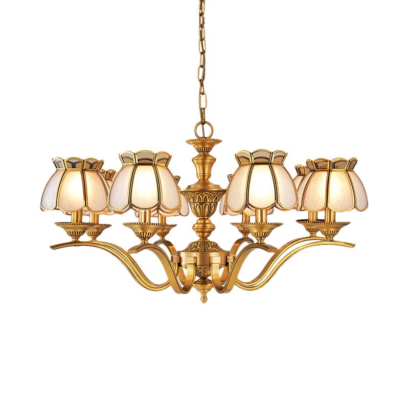 8 Heads Scalloped Pendant Chandelier Colonialist Gold Frosted White Glass Hanging Ceiling Light