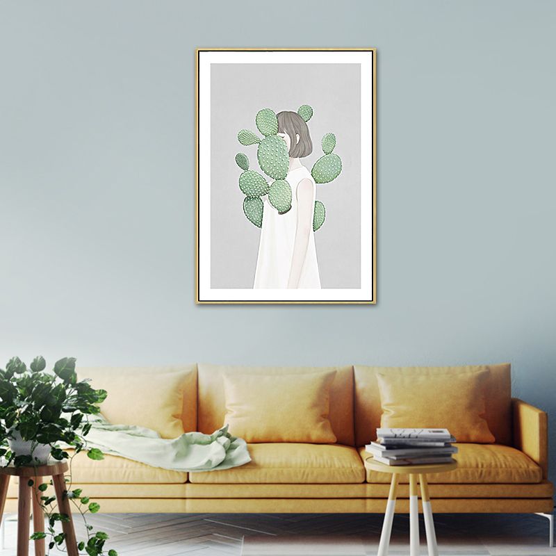 Green Cactus Girl Canvas Art Figure Drawing Kids Style Textured Wall Decor for Room