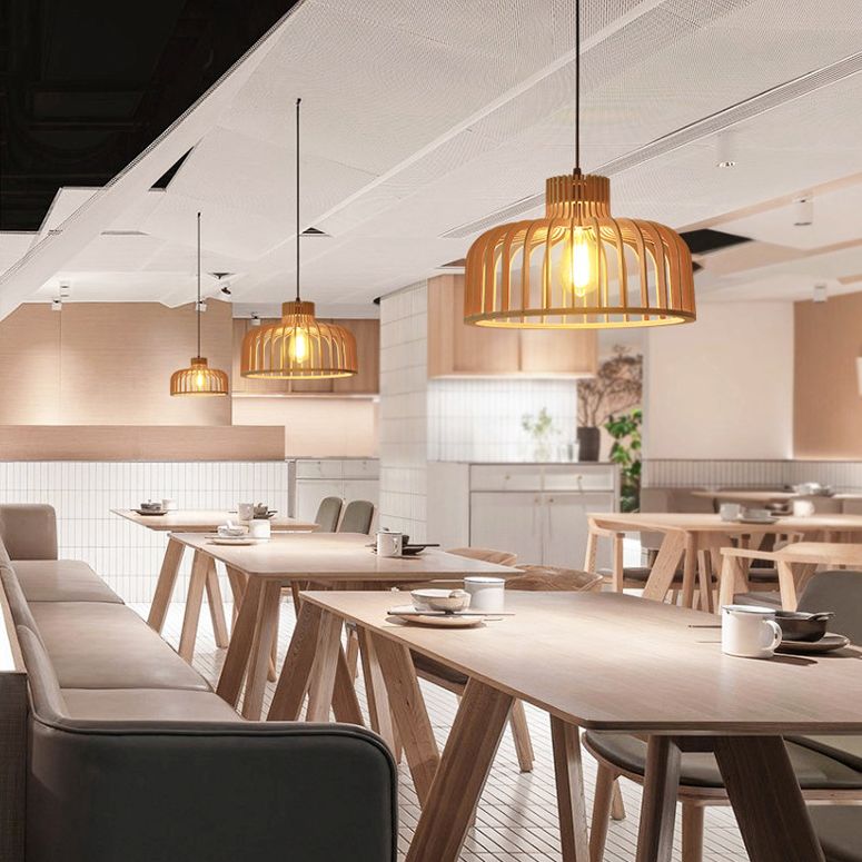 Cage Shaped Wooden Pendant Minimalism 1 Bulb Beige Suspension Lighting for Restaurant