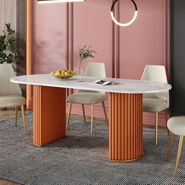 Modern Sintered Stone Oval Table Dining Table with White/Orange Double Pedestal