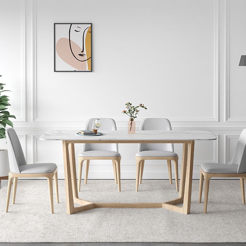 Contemporary Dining Table Set with Solid Wood Table and PU Leather Chairs