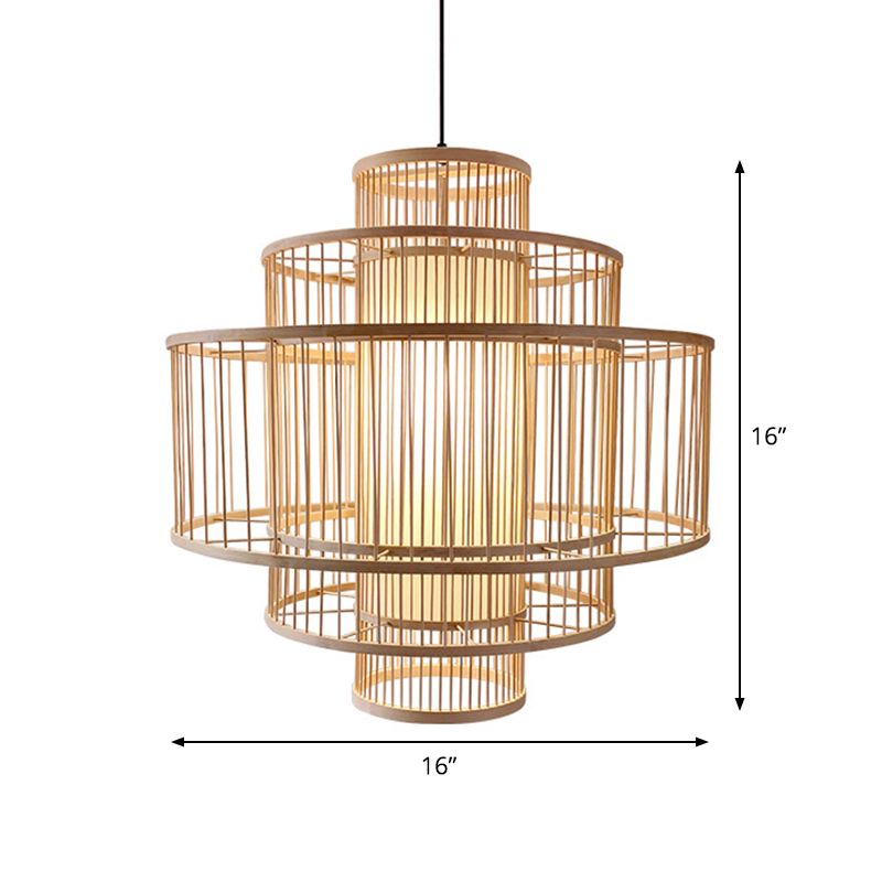 3-Shade Restaurant Hanging Light Bamboo 1 Head 16"/23.5"/31.5" Wide Asian Ceiling Pendant in Beige