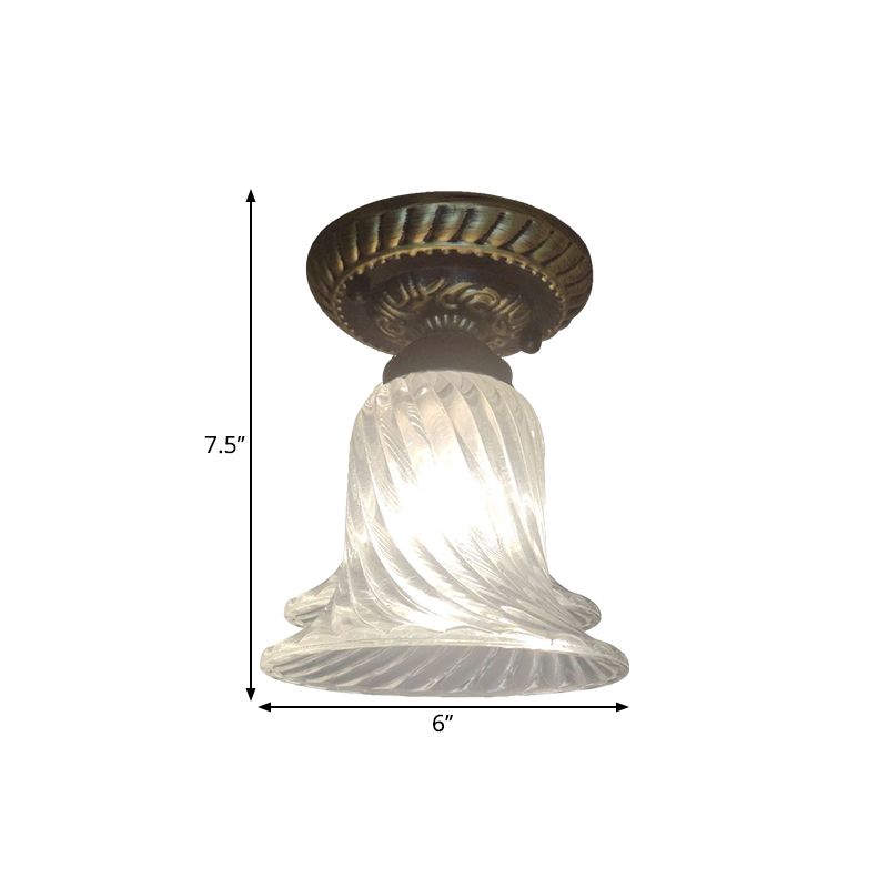 Bell Corridor Flush Mount Fixture Warehouse Clear Ribbed Glass Single Light Black Ceiling Lighting