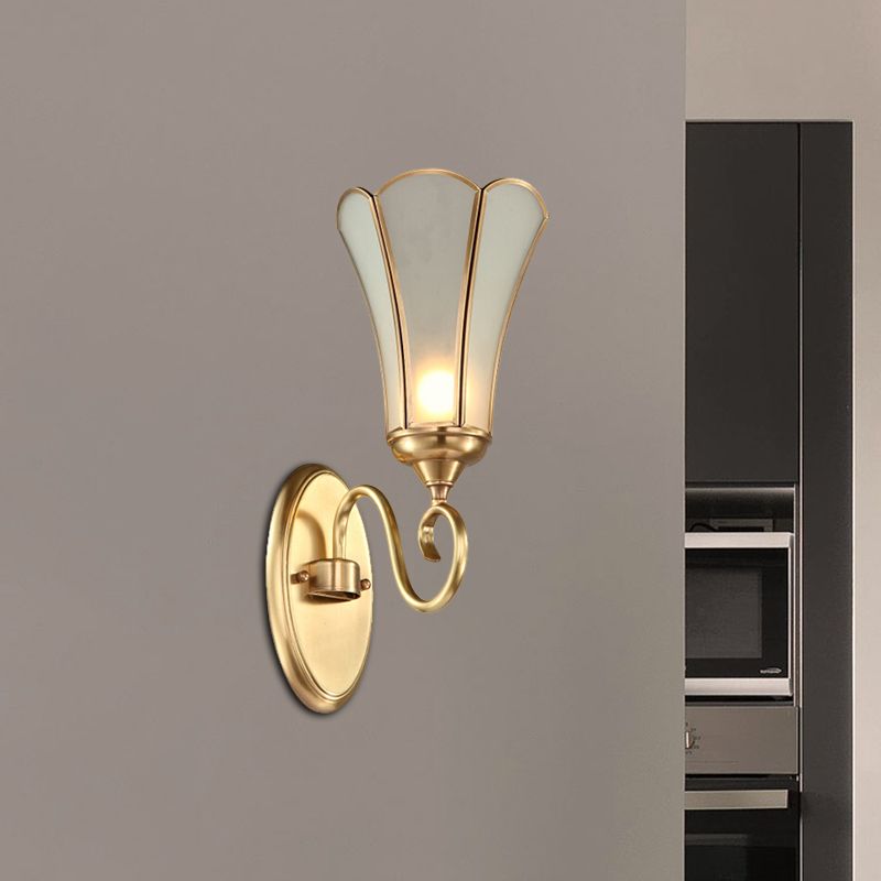 Floral Living Room Wall Lamp Traditional Metal 1 Head Brass Wall Mounted Light with White Bevel Glass Shade