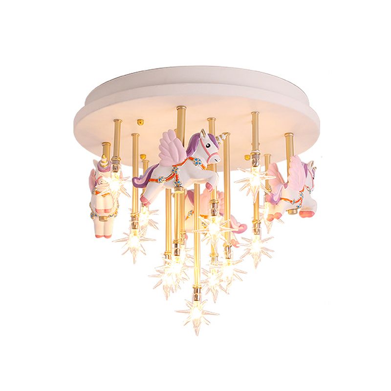 Resin Horse/Bird/Crane Ceiling Light Fixture Kids 13/16 Lights Blue/Pink Flush Mount Lighting with Clear Glass Shade