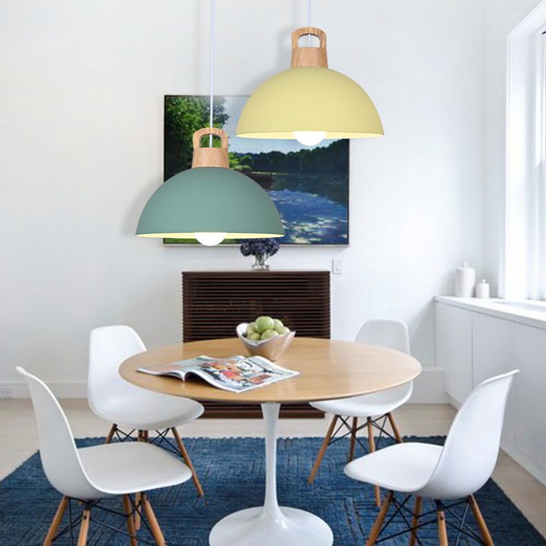 Macaron Style Domed Suspension Lamp Aluminum 1 Head Diner Pendant Light with Wooden Decor