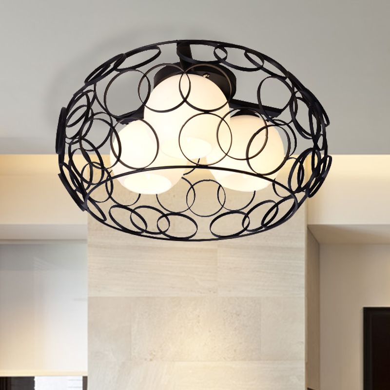Drum ijzeren kooi inbouw plafondlamp met glazen bolkap Scandinavisch wit/zwart eetkamer plafondlamp
