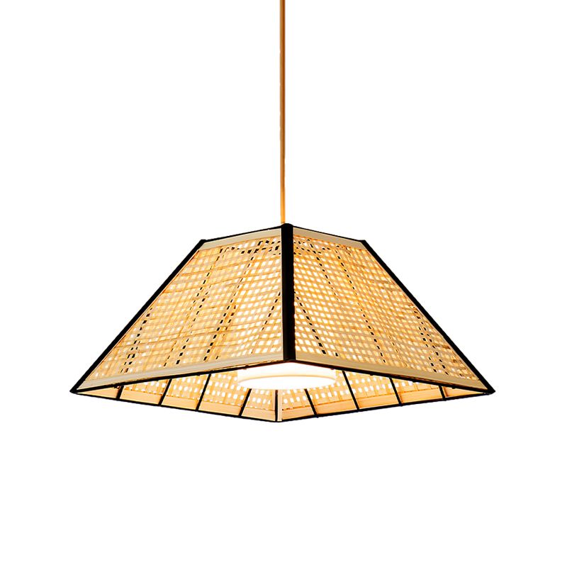Japanese Gridded Pyramid Pendant Lamp Bamboo 1 Head Restaurant Suspension Lighting with Inner White Fabric Shade