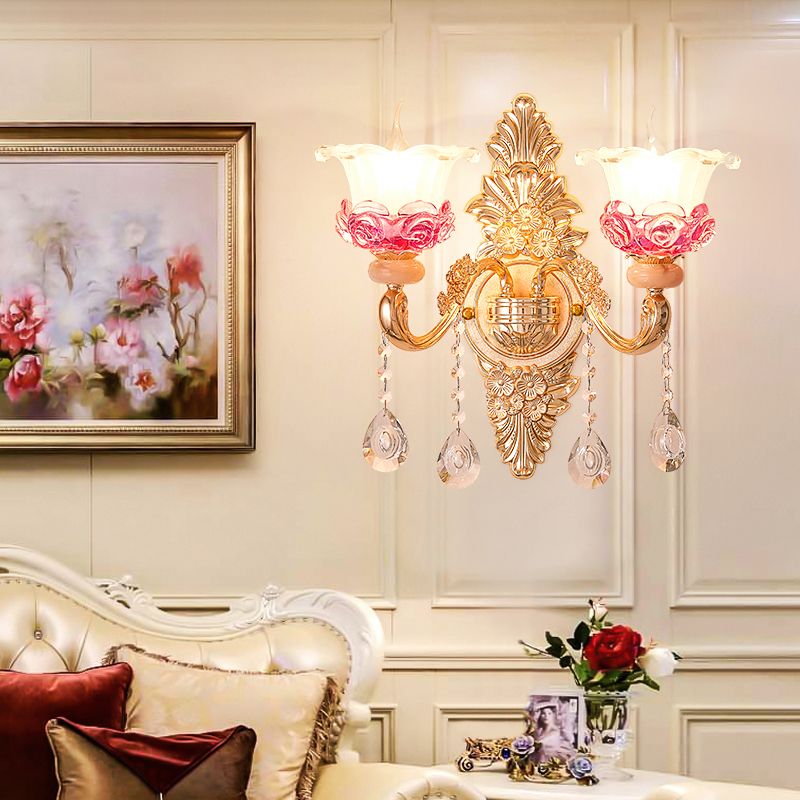 Gold Floral Ruffle Wall Mount Light Traditional Glass Corridor Wall Light Fixture with Crystal Accent