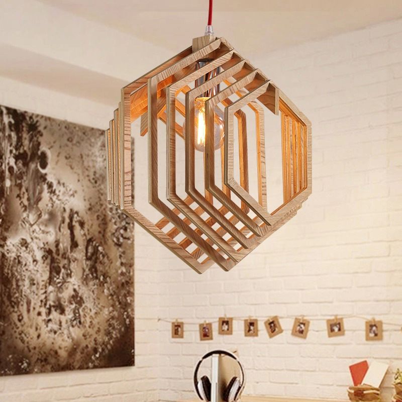 Layered Hexagon Hanging Lamp Modern Wood 1 Bulb Dining Room Ceiling Pendant Light in Brown