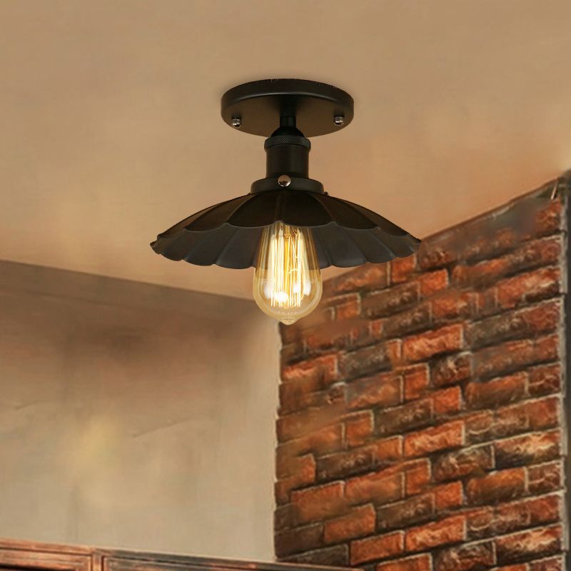 1 Head Fer Semi-Flush Light Antique Style Rust / Black Scalloped Shade Balcony Semi Flush Mount Lighting