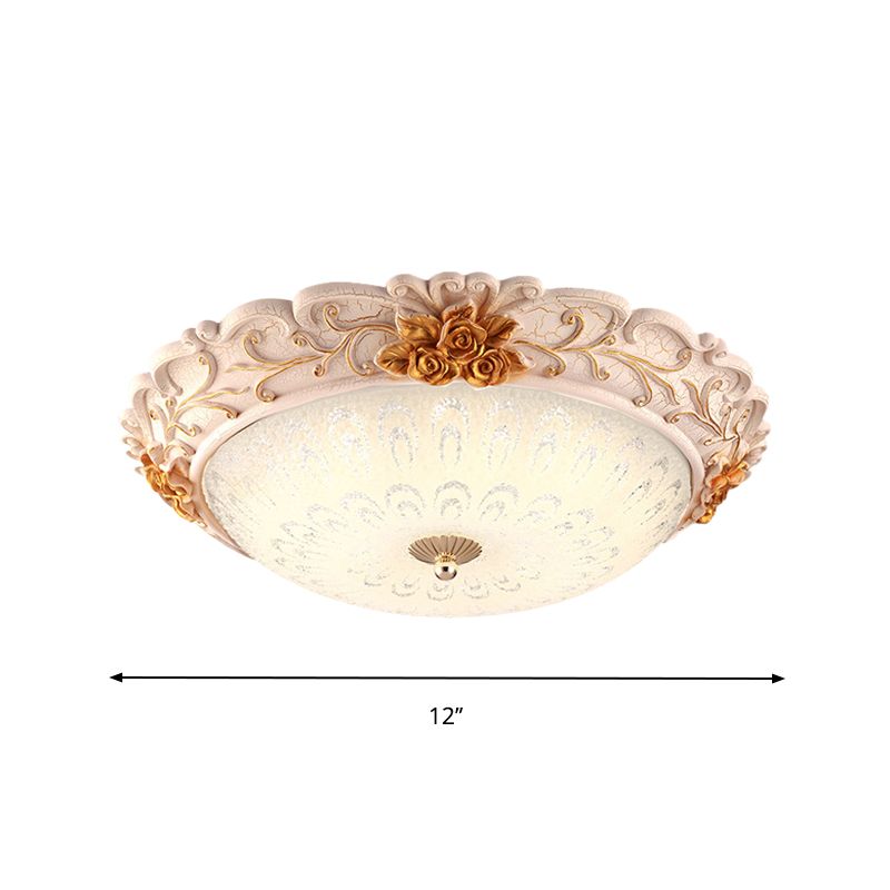 12"/16"/19.5" Width LED Flush Mount Lighting with Domed Shade Opal Blown Glass Retro Living Room Ceiling Lamp in White-Gold