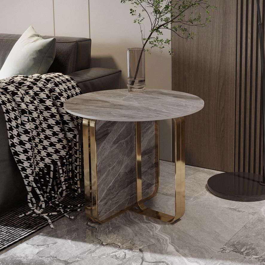 Contemporary Gold Metal Sofa Side Accent Table with Sintered Stone Top