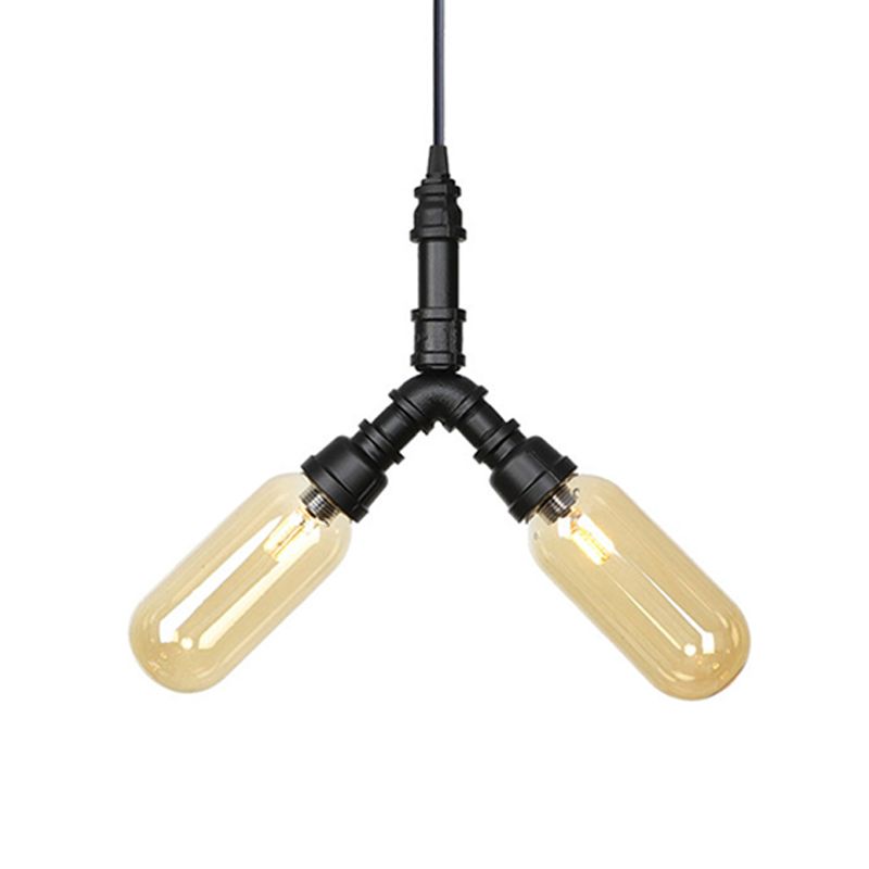 2/3/5 Heads Metal Hanging Light Kit Antiqued Black Finish Sputnik Pipe Bar Chandelier with Capsule Amber Glass Shade