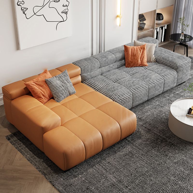 Modern Leather and Fabric Sectional Square Arm Sectional with Pillows