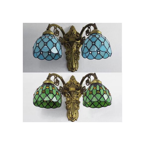 Bead Wall Lighting with Bowl Shade Stained Glass 2 Heads Rustic Loft Sconce Lamp in Green/Blue for Library