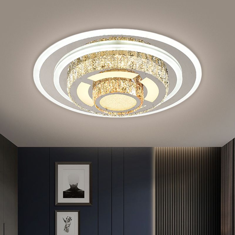 Layered Circular Faceted Crystal Flush Light Contemporary Stainless-Steel LED Close to Ceiling Lamp for Living Room