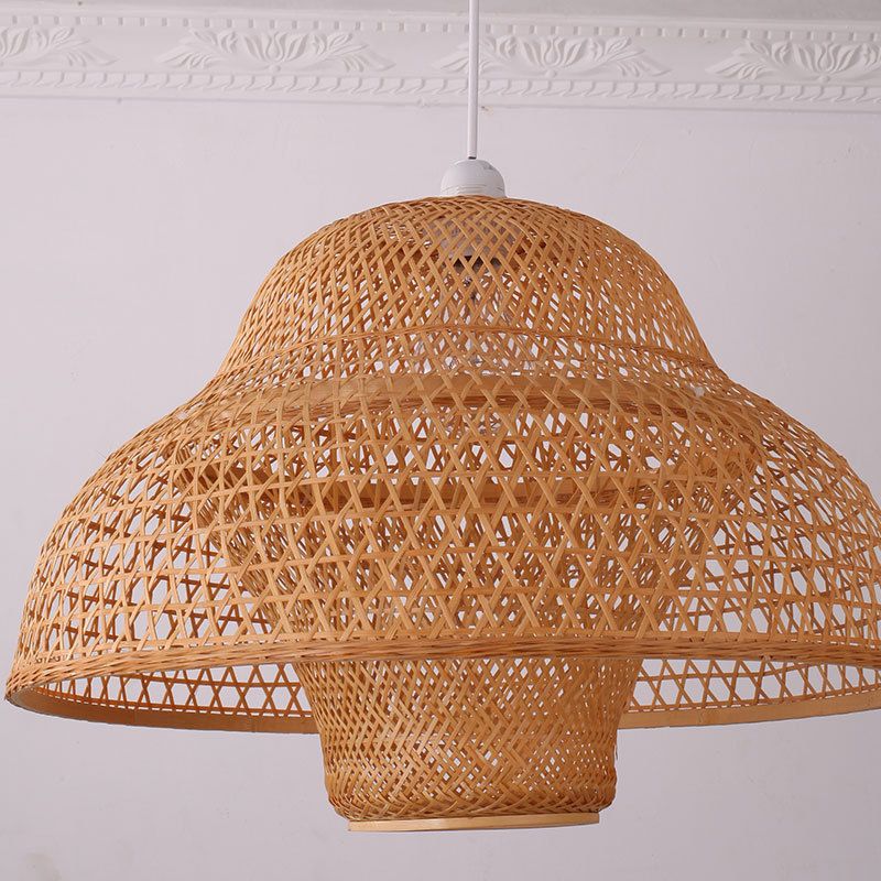 Hot Pot-Shaped Restaurant Pendant Light Bamboo Single-Bulb Contemporary Suspension Light in Wood