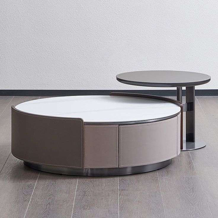 Slate and Leather Drum Coffee Table Modern Round Cocktail Table Set with Storage
