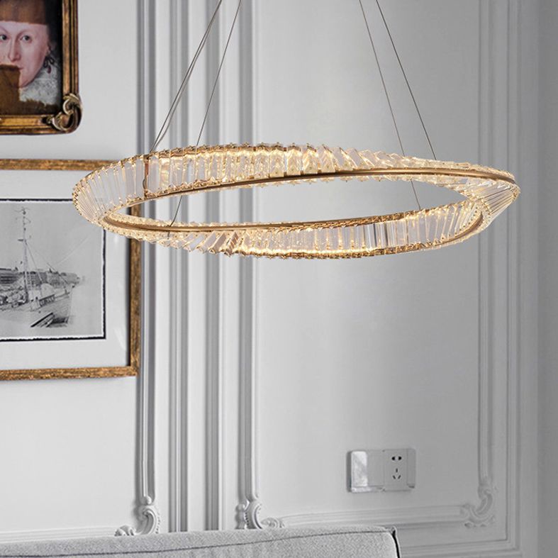 Modern Luxury LED Pendant Light Wrought Iron Circular Hanging Lamp with Crystal Shade