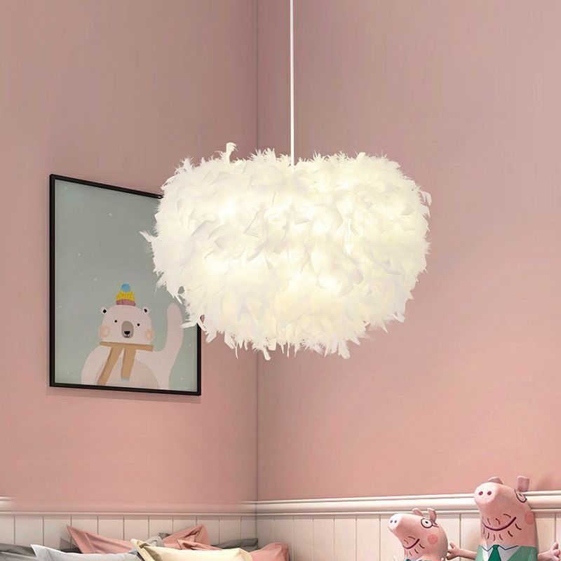 Minimalistic Hemisphere Suspension Light Feather Living Room Pendant Light Fixture in White
