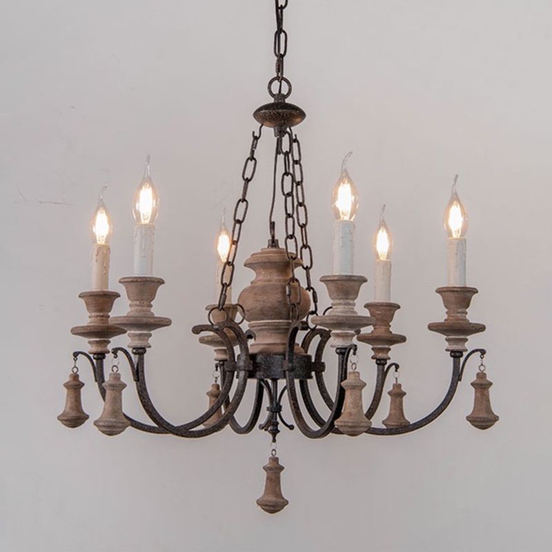 Wooden Brown Chandelier Candle Style 6-Light French Country Suspension Light