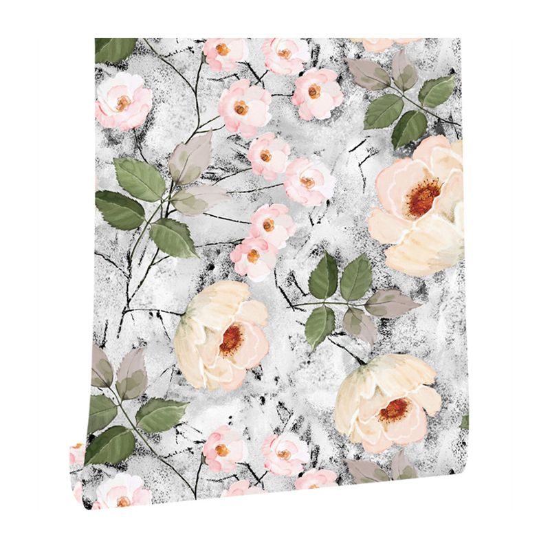 Adhesive Big Peony Blossom Wallpaper for Stairs 34.2-sq ft Wall Art in Grey-White, Removable