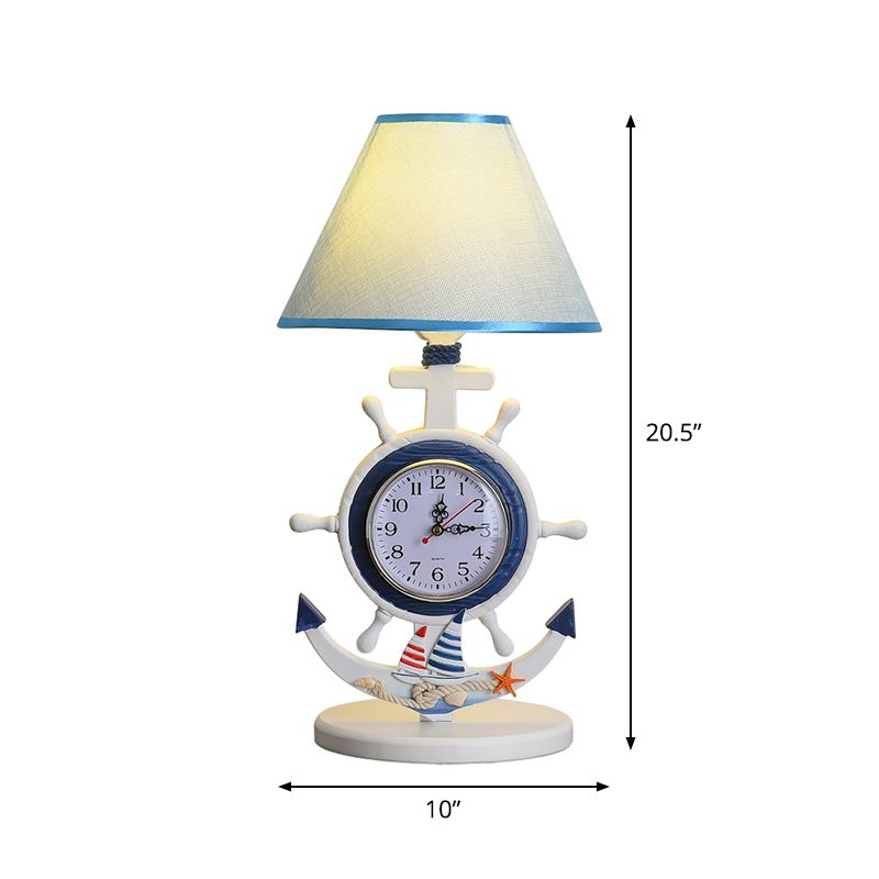 1 Bulb Bedchamber Desk Lamp Kids Blue Table Light with Conical Fabric Shade and Clock Design