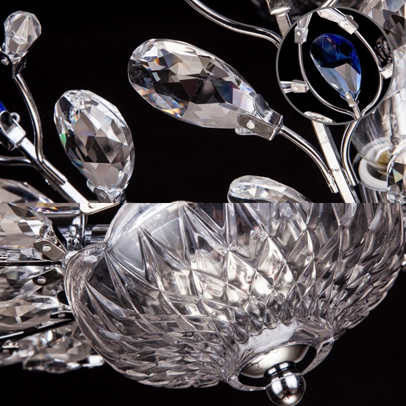 Metallic Peacock Tail Semi Flush Ceiling Light Modern 6 Lights Gold/Chrome Ceiling Mounted Fixture with Crystal Drops