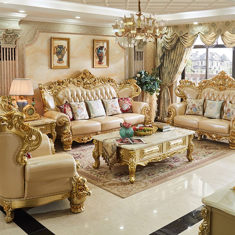 Gold Genuine Leather Sofa Tufted Split-Back Rolled Arm Sofa for Living Room