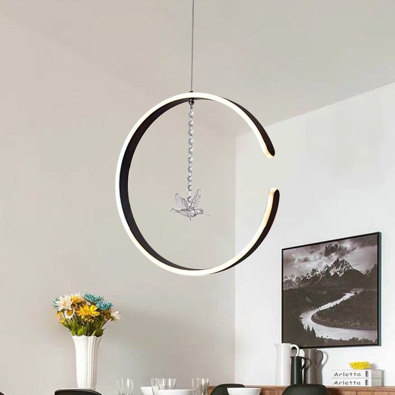 Acrylic Ring Pendant Lamp Minimalist LED Hanging Ceiling Light in White/Black with Bird Crystal Decor