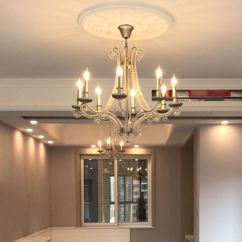 Crystal perle Chrome Finish Chandelier Candelabra French Country Drop Lamp pour salle à manger