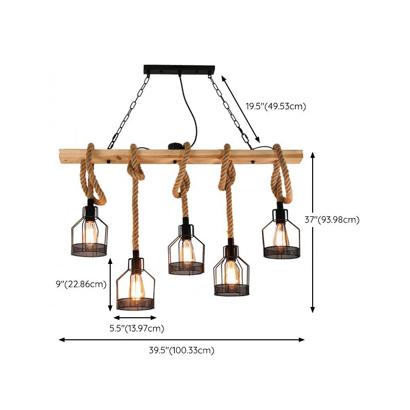 3 / 5 - Light Kitchen Island Fixture Wood and Iron Ceiling Lighting with Hemp Rope