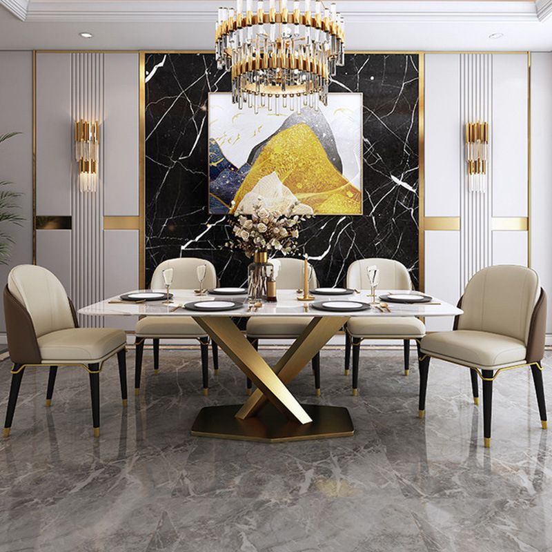 Rectangle Traditional Luxury Dining Table Sintered Stone Table with Gold Pedestal Base
