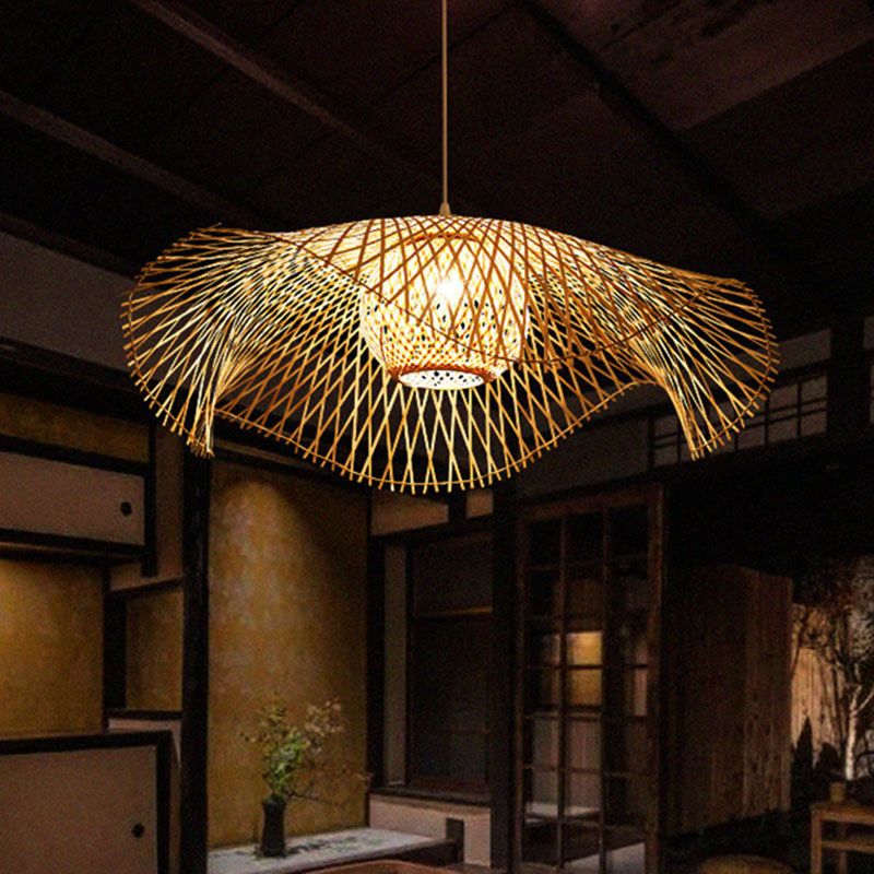 Floppy Hat Bamboo Woven Pendant Asian 1 Bulb Wood Hanging Ceiling Light over Table