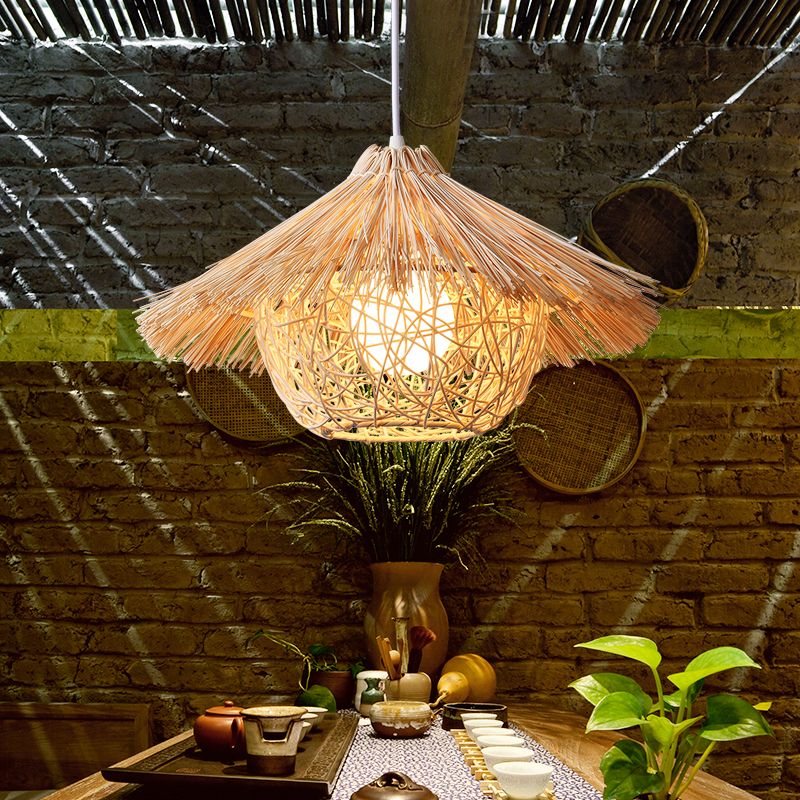 Rattan Nest-Shaped Pendant Light Fixture Asia Style Hanging Ceiling Light for Restaurant