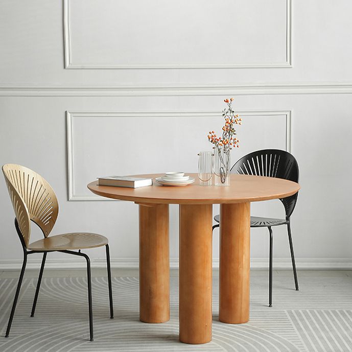 Round Pedestal Contemporary Dining Table Brown Tone Fixed Table of Solid Wood