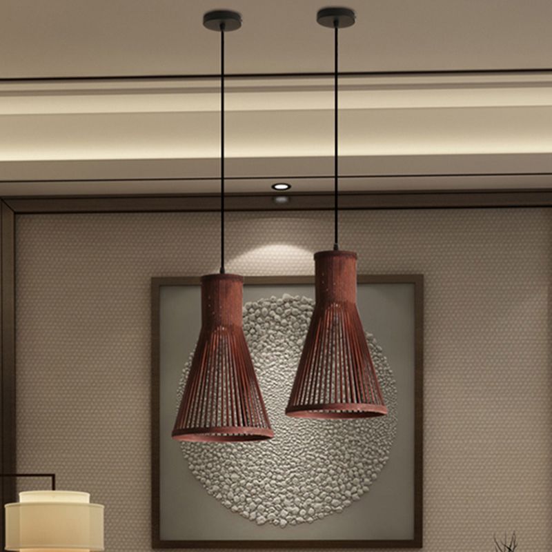 Cone Pendant Light Fixture Modern Bamboo 16"/18"/23.5" H 1 Light Beige/Brown Down Lighting for Dining Room