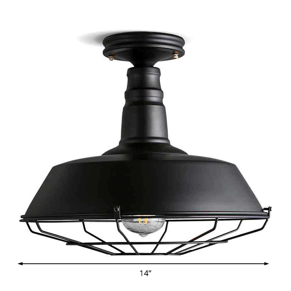 Luminaire semi-encastré industriel en métal noir avec cage, 10"/14" de large